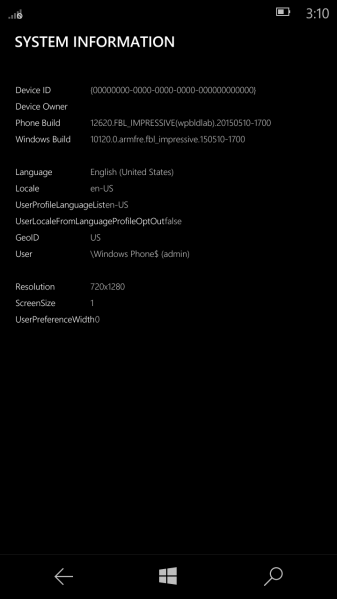 文件:Windows 10 Mobile-10.0.10120.0.FBL IMPRESSIVE.150510-1700-zFeedbackHub SYSTEM INFORMATION.png