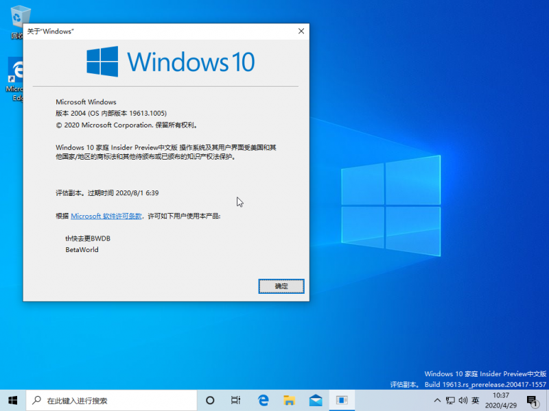 文件:Windows 10 10.0.19613.1005 Version.png