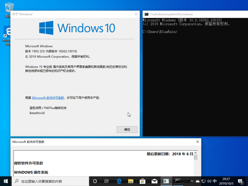 文件:Windows 10 10.0.18362.10019.19h1 release svc 19h2 rel.190829-1707 Version.png